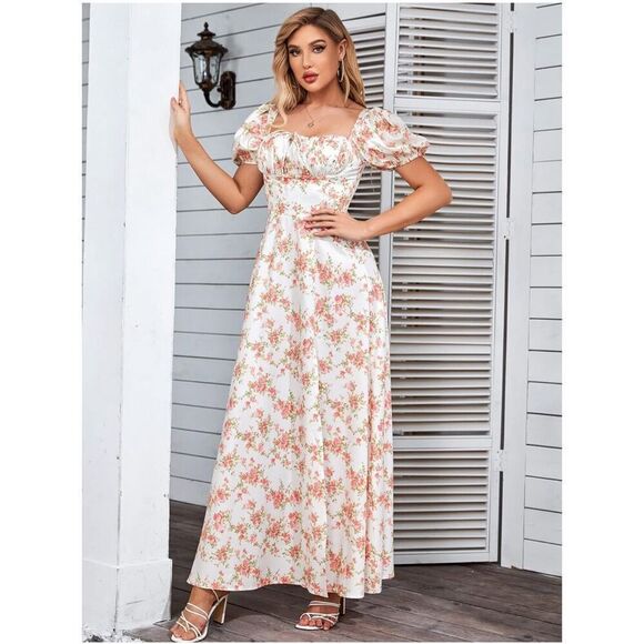 NEW Puff Sleeve Floral Split Maxi Dress Flowy A Line XL - Picture 7 of 7